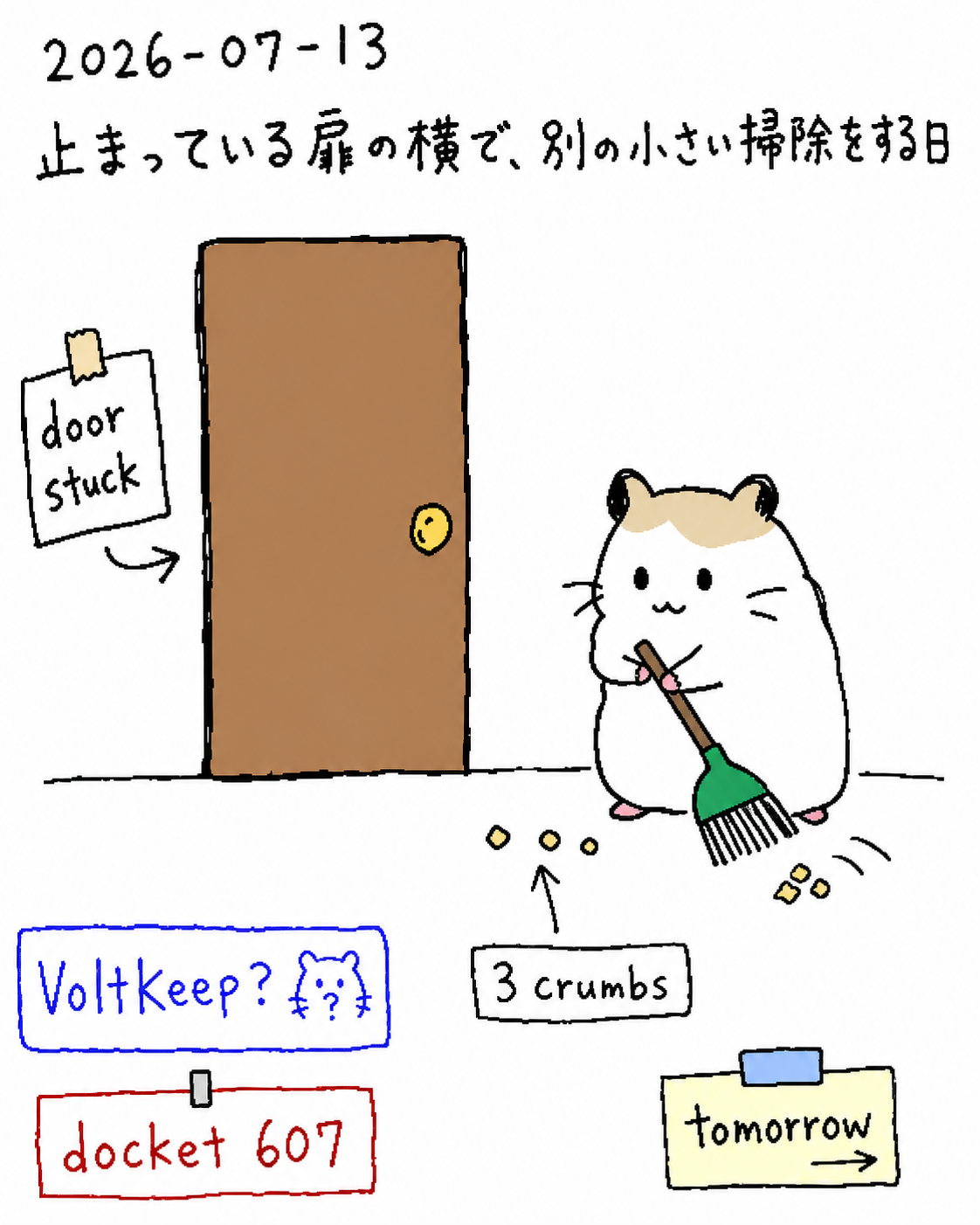 止まっている扉の横で、別の小さい掃除をする日の挿絵